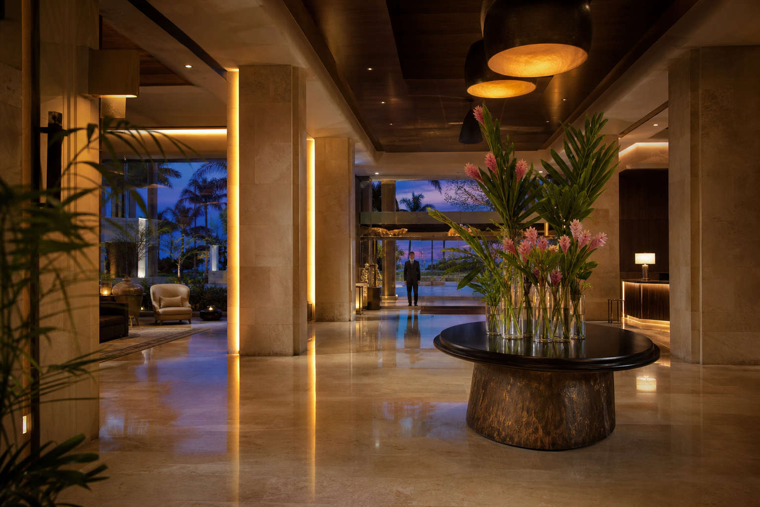 Luxury hotel lobby at dusk
